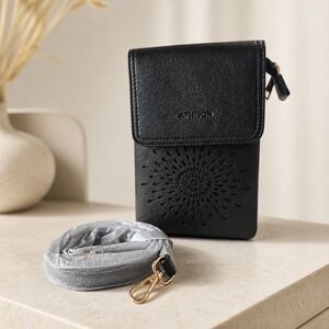 Aphison Small Crossbody Cell Phone Bag Black Faux Leather Laser Cut Detail